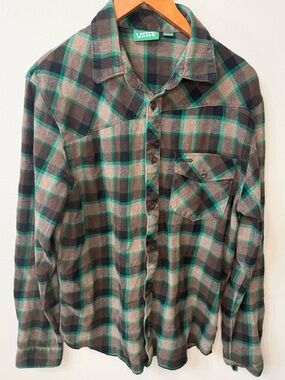 Vans Plaid Flannel Shirt Green Brown Button Up Size S Skate